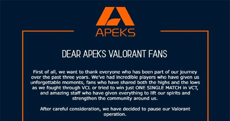 Apeks突發(fā)停運無畏契約分部！預算縮水+席位改制成主因